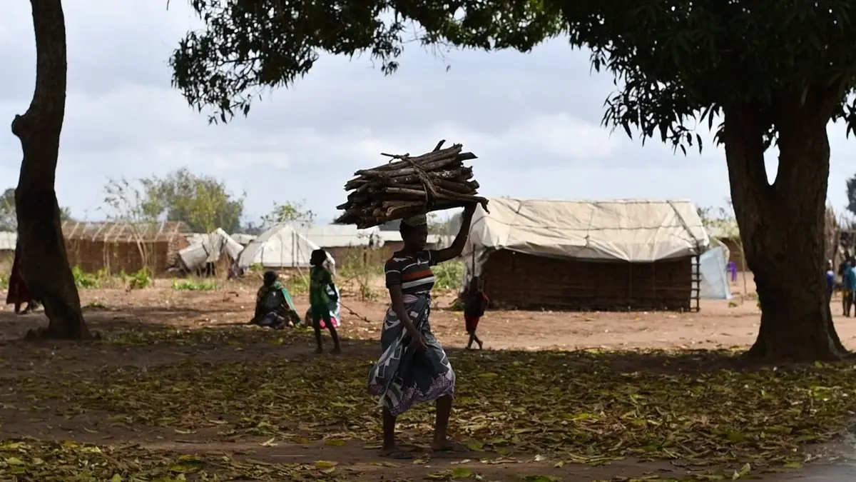Mulher, vista de longe, carrega lenha à cabeça junto a tendas num local de deslocamento